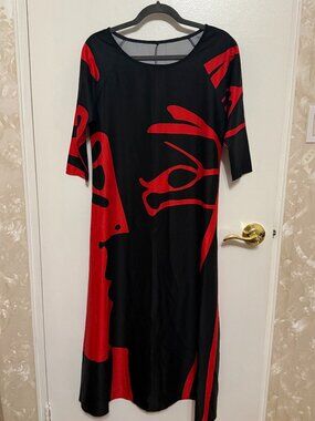 Black & Red Abstract Print Midi Dress, 3/4 Sleeve